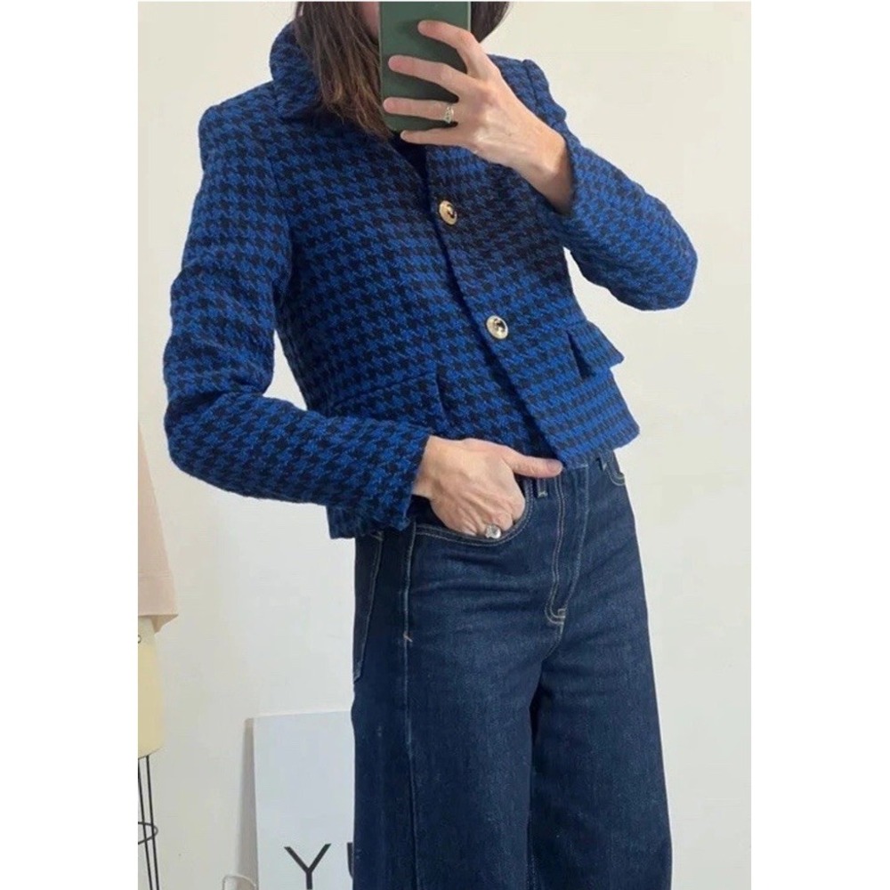 Zara Cropped Houndstooth Jacket Blue Black Gold Button Preppy Office Chic XS
